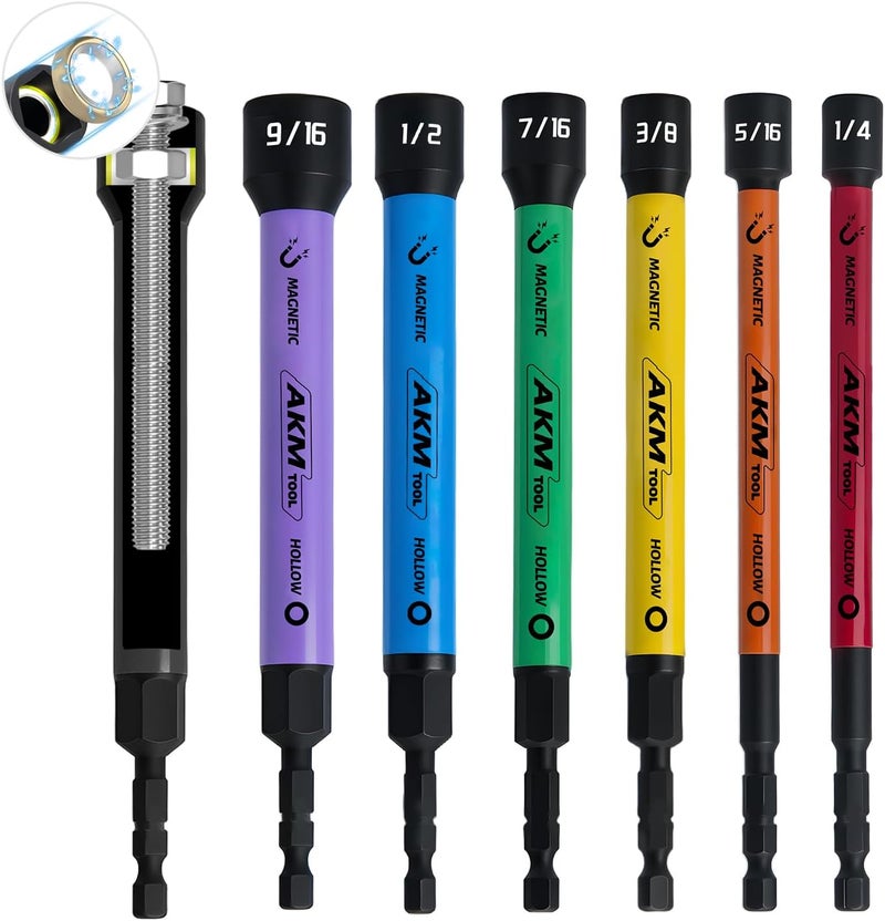 AKM TOOL 6 PCS Hollow Nut Driver Set, Magnetic nut driver set, Hollow Shaft Nut Driver Set, SAE, Color Coded, Hex Sizes, 1/4 to 9/16-Inch, Nut Setter, Hollow Nut Driver with 5-Inch Extended Reach - Image 1